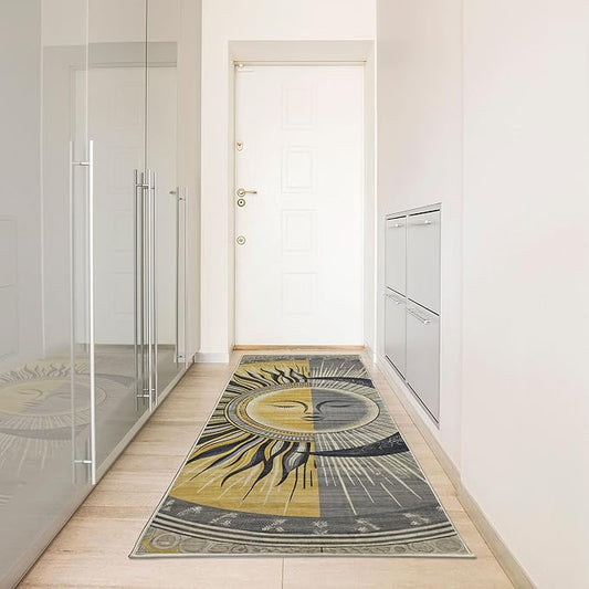 Ambesonne Sun and Moon Decorative Rug, Celestial Esotery Lunar and Solar Characters with Leafy Details Modern, Quality Carpet Bedroom Dorm and Living Room, 2' 5" x 7' 5", Mustard Purpleblue