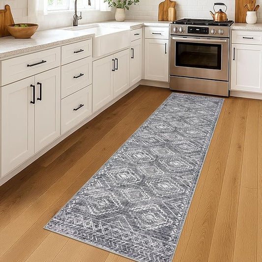 KILOCOCO Hallway Runner Rug 2'x7' Runners for Hallways Washable Runner Rug Non Slip Rubber Backed Low-Pile Runners for Bedroom Kitchen Living Room Laundry Room Boho Rugs, Grey
