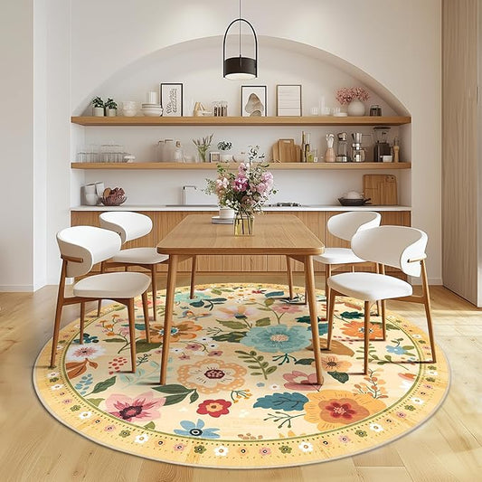 Floral 8ft Area Rug Machine Washable Soft Print Boho Carpet Non Slip Doormat Low Pile Flower Area Rugs for Living Room Bedroom Nursery Kitchen Dining Room Indoor-Ivory/Yellow