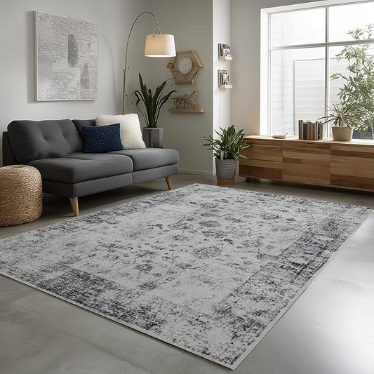Washable Area Rugs 8x10, Large Rugs for Living Room, Carpet for Bedroom, Soft Faux Wool Retro Dining Room Rug, Non-Slip Backing Resistant Low Pile Vintage Print Rug for Home Office (White/Grey)