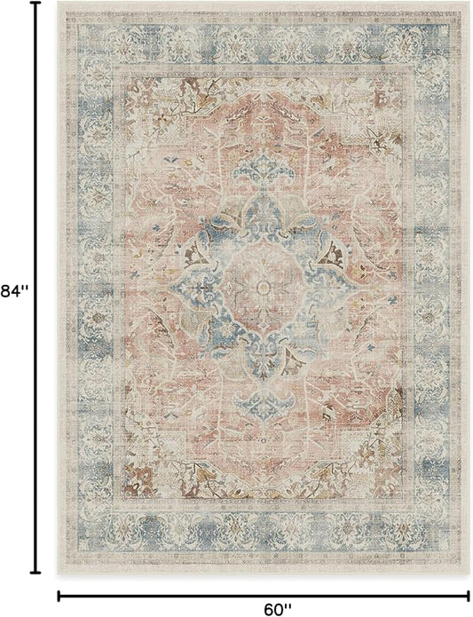 RUGGABLE Washable Vintage Area Rug – Sarrah Coral 5x7, Stain-Resistant, Non-Slip – Medium Machine Washable Rugs for Living Room, Bedroom, Hallway, Entryway & Office–with Cushioned Pad