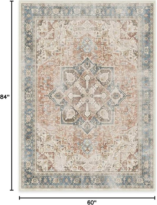 RUGGABLE Washable Vintage Area Rug – Kamran Coral 5x7, Stain-Resistant, Non-Slip – Medium Machine Washable Rugs for Living Room, Bedroom, Hallway, Entryway & Office–with Standard Pad