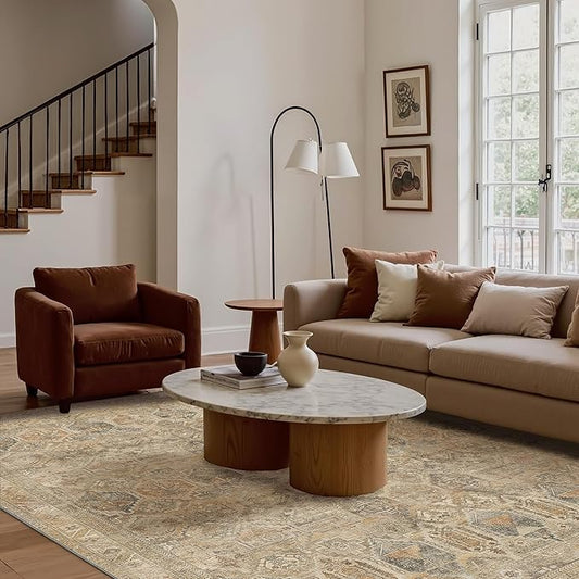 Bavni Washable Rug 3x5 Area Rug for Living Room Bedroom Dining, Washable Vintage Print Carpet, Ultra-Thin Chenille Low Pile Lightweight Rug with Non Slip Backing, Wood