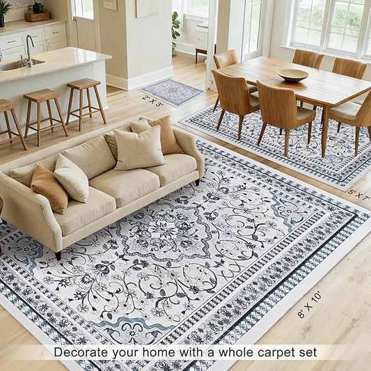 Luxury 5' x 7' Blue Washable Area Rugs, Boho Low Pile Easy Clean Non-Slip Rug, Floral Medallion Pattern Vintage Rugs for Living Room, Dinning Room, Office, Bedroom, Bathroom, Laundry Room, Farmhouse