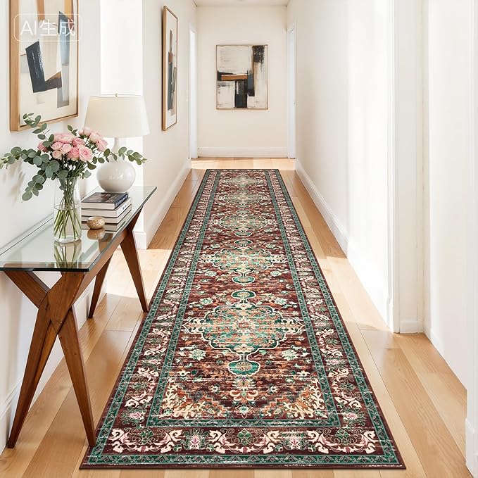 U'Artlines 3' x 14' Boho Hallway Runner Rug, Rust Non Slip Washable Vintage Farmhouse Accent Rug Carpet for Kitchen Entryway Laundry and Living Room (Rust&Teal)