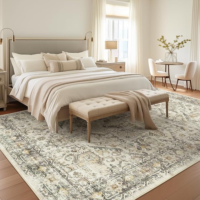 zesthome 8x10 Area Rugs for Living Room,Non-Slip Backing Washable Rugs,Vintage Large Area Rug,Stain Resistant Home Decor Rug (Beige/Brown,8'x10')