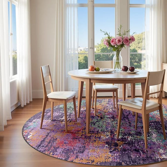 Washable Area Rugs 8ft Non-Slip Modern Abstract Soft for Living Room Entryway Bedroom Nursery, Print Pattern, Purple Orange Blue Green Rust Red Colorful
