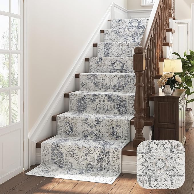 jinchan Kelda Runner Rug 2x8 Hallway Rug Washable Runner Vintage Mat Retro Print Lightweight Non-Slip Floor Cover Distressed Thin Carpet for Entryway Bathroom Bedroom Laundry Room Stairway Grey