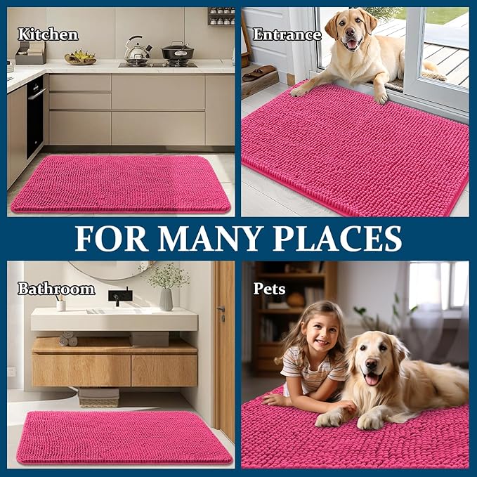 OLANLY Dog Door Mat for Muddy Paws 59x35, Absorbs Moisture and Dirt, Absorbent Non-Slip Washable Doormat, Quick Dry Chenille Mud Mat for Dogs, Entry Indoor Entryway Carpet for Inside Floor, Hot Pink