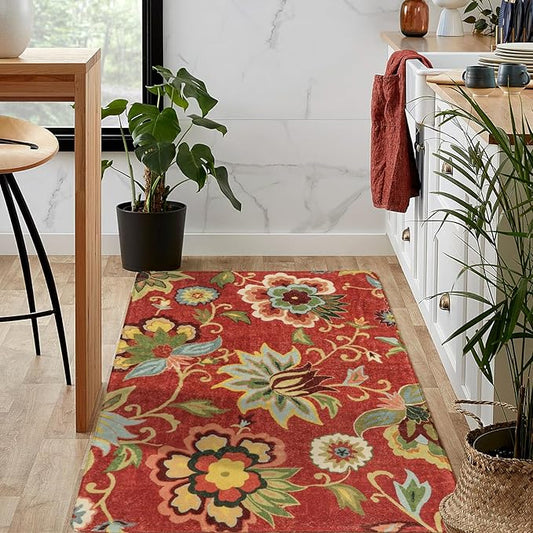 Lahome Floral Red 3x5 Area Rug, Washable Kitchen Fall Rugs Non-Slip Stain Resistant Soft Throw Low-Pile Carpet for Bedroom, Christmas Paisley Print Floor Carpet for Living Room Entryway Office
