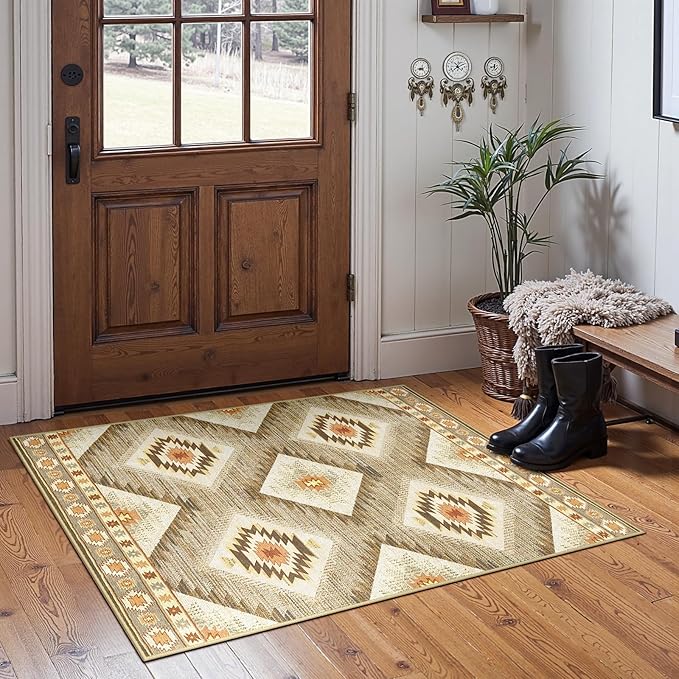 Area Rug 2x5 Rug Machine Washable Non-Slip Low Pile Print Pattern Western Rug for Living Room Bedroom Entryway Tribal Series-Cream/Camel