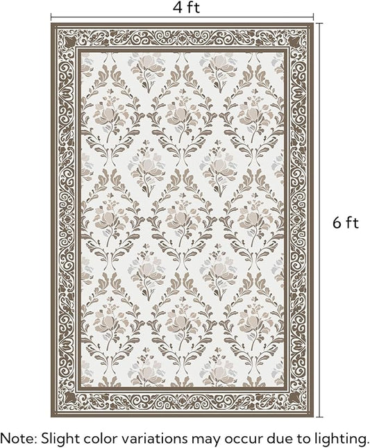 SOULFUL Medium Pile 4x6 Rugs for Living Room - Soft Underfoot Area Rug - Brown Boho Floral - Washable Non-Slip - Perfect for Bedroom Kids Room Under Dining Table Office