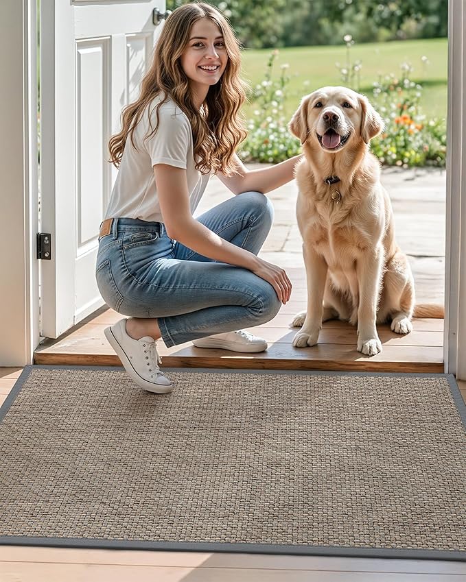DEXI Ultra Thin Entryway Door Mat 24x36, Non Slip Rubber Backing Inside Entry Mat, Low Profile Easy Clean Dirt Trapper Doormat for Inside Entrance Patio, Grey