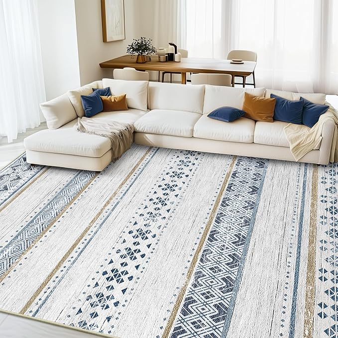 BESTSWEETIE 5x7 Area Rugs for Living Room Washable Moroccan Farmhouse Neutral Geometric Low Pile Non-Slip Soft Print Pattern Rug for Bedroom Kitchen Dining Room Entryway Blue/Brown