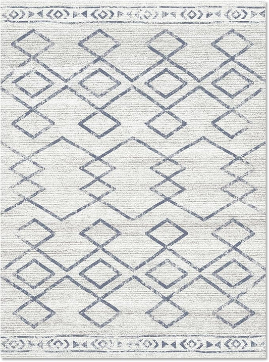 jinchan Moroccan 6x9 Area Rugs for Living Room - Machine Washable Soft Modern Geometric Stain Resistant Ultra-Thin Low-Pile Large Rug Non-Slip Carpet for Bedroom Kitchen Dining Room (6x9ft, Blue)