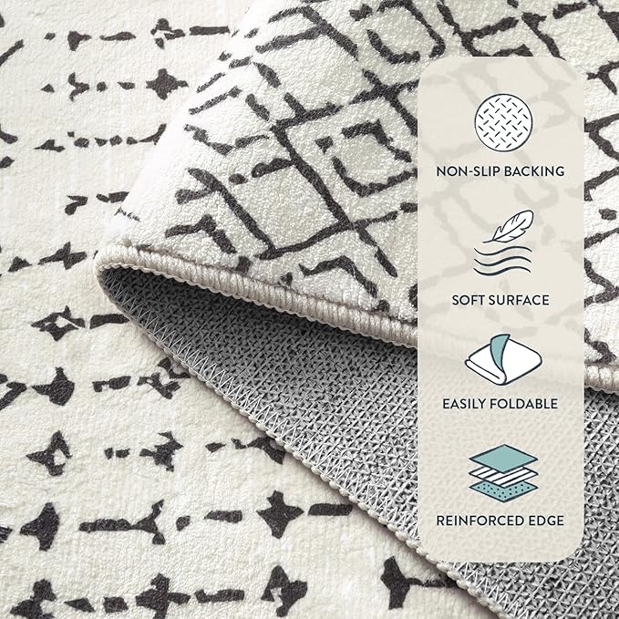 Lahome Moroccan Runners for Hallways 2x8 Beige Washable Runner Rug Non-Slip Stain Resistant Kitchen Rug Runner, Geometric Print Distressed Soft Untra- Thin Floor Carpet for Bedroom Entryway