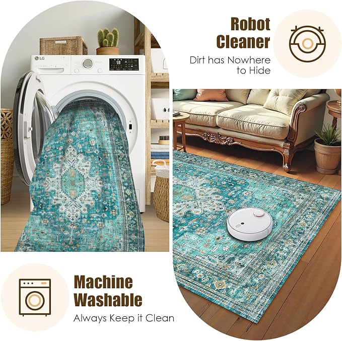 Washable Area Rug 5' x 7' Vintage Traditional Persian Mat - Foldable Distressed Non-Slip Machine Washable Carpet for Living Room Bedroom Kitchen Home Decor - Teal and Gold