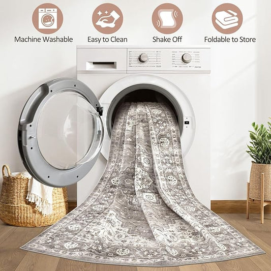 9x12 Area Rug Living Room: Washable Boho Large Neutral Vintage Soft Rugs Stain Resistant Farmhouse Non-Slip Indoor Rustic Floor Carpet for Bedroom Nursery Kids Playroom Office Dining Room- Dark Brown