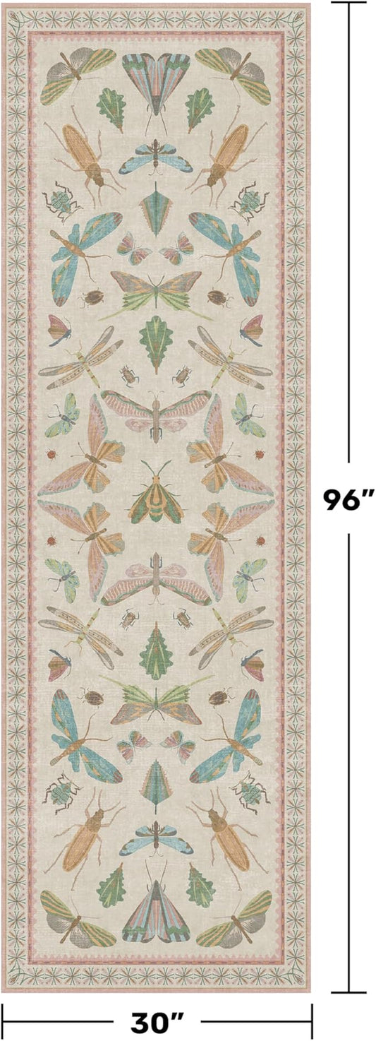 Insect Print 8ft Long Hallway Runner Rug - Light Green Rug for Kitchen Floor, 2'6''x8' Entryway Runner Rug, Washable Non Slip with Rubber Backing, Cool Butterfly Indoor Decor