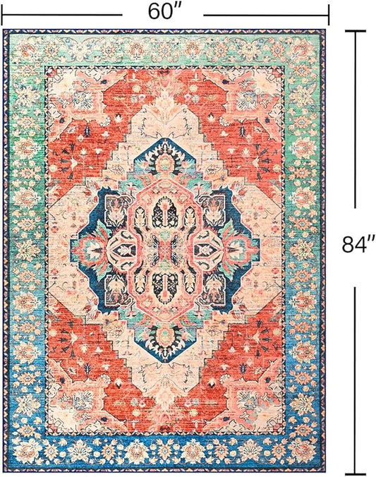 YJ.GWL Area Rugs for Living Room 5x7 Machine Washable Rugs, Non Slip Floral Vintage Rug Indoor Carpet, Stain Resistant Large Rug for Bedroom Dining Room, Red Blue Gradient Color