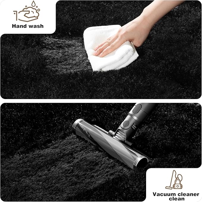4x6 Black Rug for Bedroom Living Room, Fluffy Small Area Rug Soft Shag Carpet for Kids Boys and Girls Room with 4 Rugs Non-Slip Stickers Dorm Home Decor (4ft x 6ft)