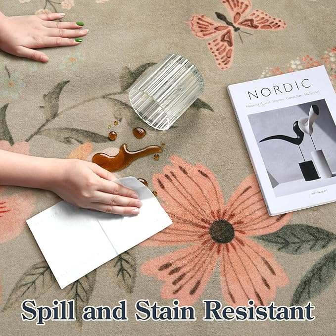 Lahome Floral Washable Rugs for Bedroom, 4X6 Area Rug Ultra-Thin Soft Living Room Rug, Non-Slip Classroom Stain Resistant Lightweight Boho Low-Pile Throw Carpet for Office, Brown