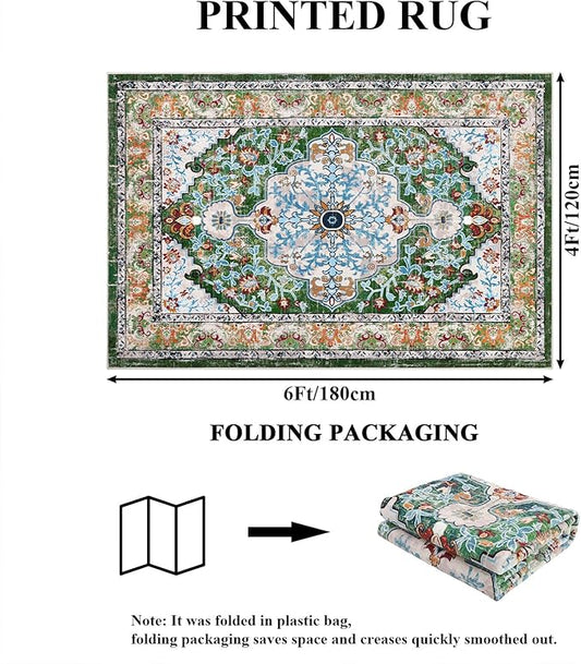 U'Artlines Boho Vintage Area Rug 4x6 Machine Washable Low Pile Soft Floor Carpet Non Slip Non Shedding Accent Rug for Living Room Bedroom Entryway Dining Room Office Green
