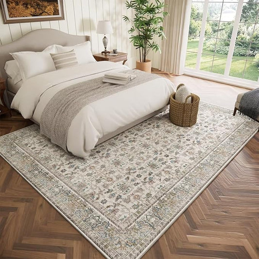 Washable 5x7 Area Rugs for Living Room, BoHo Non-slip Vintage Distress Rugs for Bedroom Dining Room Nursery Office, 0.3" Neutral Oriental Throw Thin Carpet with Cushioning Pad, Cream/blue/Orange/Multi