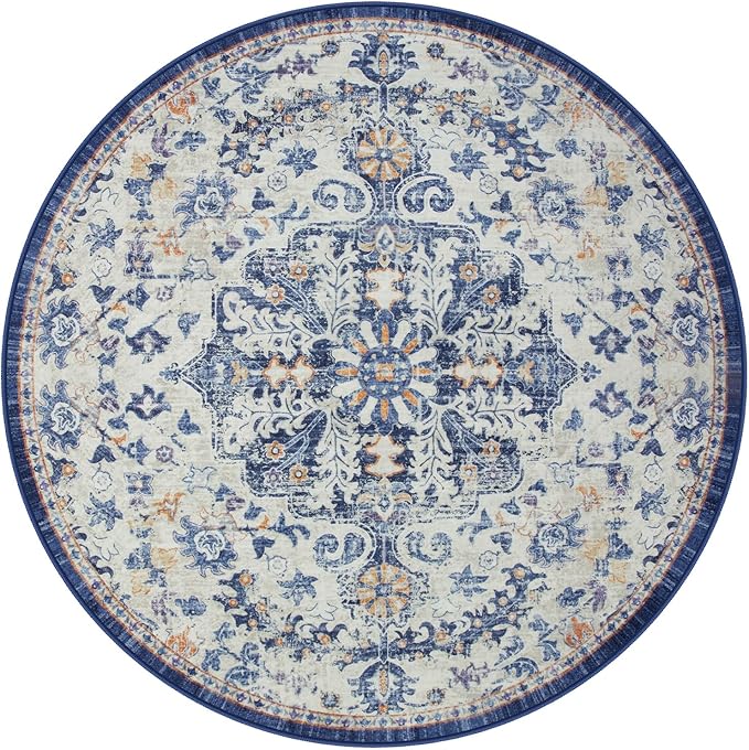 Lahome Bohemian Washable Round Rugs 6ft, Large Circle Rug for Living Room Bedroom, Soft Non-Slip Non-Shedding Loe Pile Printed Indoor Carpet for Kitchen Dining Room Office, Blue Purple/Multi