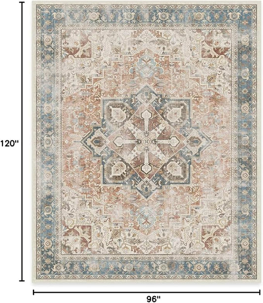 RUGGABLE Washable Vintage Area Rug – Kamran Coral 8x10, Stain-Resistant, Non-Slip – Large Machine Washable Rugs for Living Room, Bedroom, Hallway, Entryway & Office–with Standard Pad