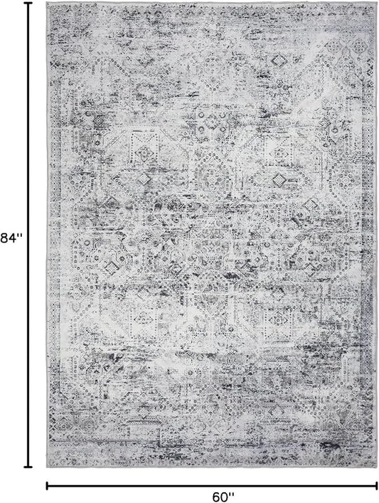 Area Rug 5×7, Vintage Boho Rug,Ultra-Soft Low Pile, Washable, Non Slip,Stain Resistant Printed Carpet for Living Room Bedrooms Playroom Office Kitchen, Classic Grey.