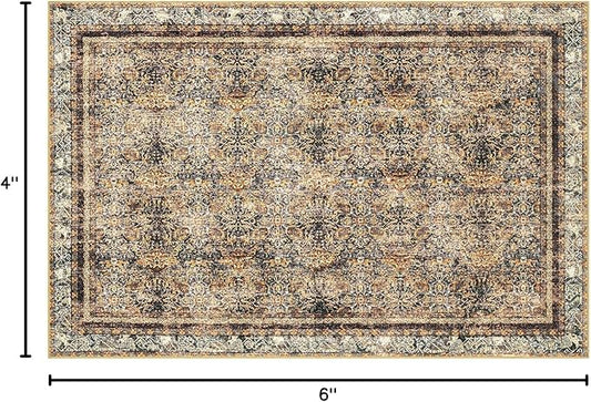 Phantoscope Washable Area Rug 4'x6' Non-Slip, Vintage Neutral Rugs for Living Room, Bedroom, Dining Room, Distressed Boho Floral Medallion Pattern, Low-Pile Foldable Carpet, Brown/Charcoal Spice