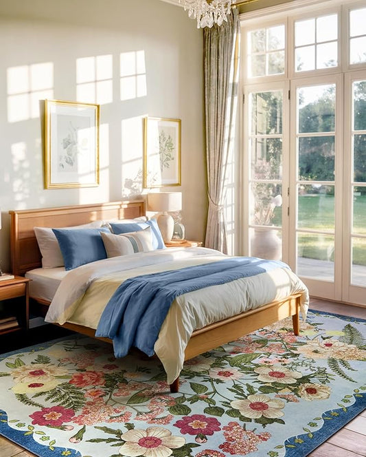Floral Rug for Living Room - 4x6 Washable Area Rugs Non-Slip Soft Low-Pile Stain Resistant Carpet Unique Flower Print Vintage Indoor Rug for Bedroom Dining Room Office Nursery Room, Blue