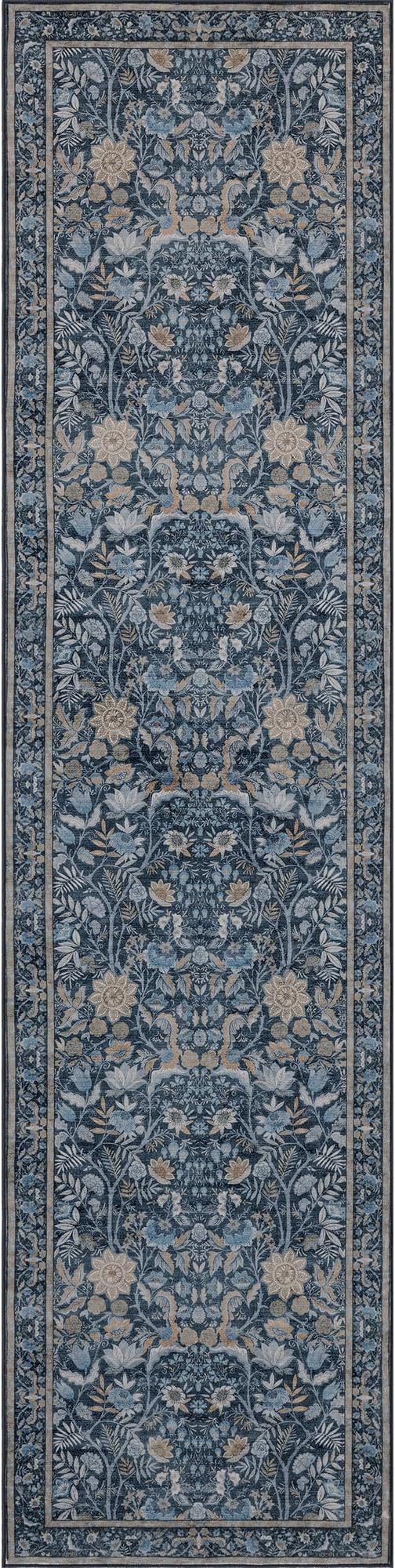 Washable Runner Rug 2x8: Vintage Boho Floral Carpet Runners for Hallway Entryway Non-Slip - Soft Botanical Low Pile Thin Mat for Kitchen Bathroom Bedroom Laundry Floor Decor - Slate Blue