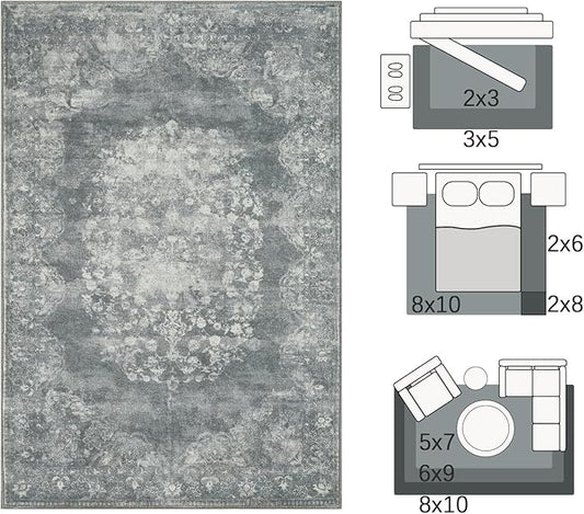 jinchan Vintage Floral 5x7 Area Rugs - Machine Washable Distressed Design Soft Ultra-Thin Low-Pile Non-Slip Carpet for Kitchen Bedroom Nursery Living Room Dining Room Home Office (5x7ft, Grey)