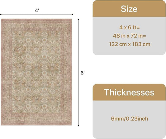 Bavni 4x6 Vintage Floral Rug, Washable Non Slip Area Rug for Entryway, Bedroom, Kitchen or Living Room, Low Pile Carpet, Brown Pink