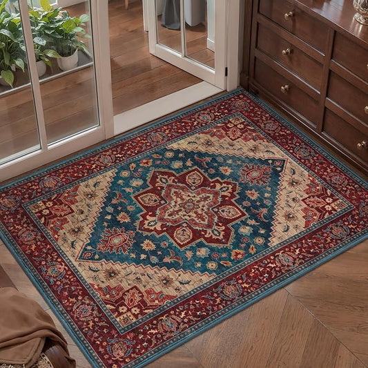 Tangsoo Vintage Small 2x3 Washable Rugs for Entryway Non-Slip Oriental Low Pile Rug for Front Door, Kitchen, Indoor, Accent Throw Small Area Rug, Door Mat for Entrance, Soft Boho Red Rug