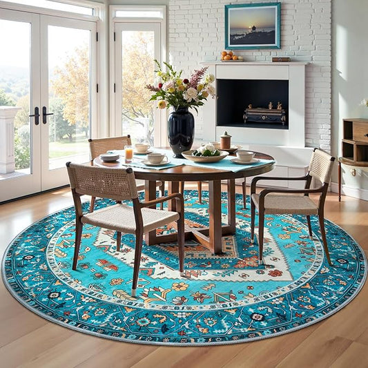SERISSA Boho Round Area Rug, 6ft Washable Non-Slip Circle Rug, Ultra Soft Oriental Vintage Blue Low-Pile Circular Carpet for Bedroom Entryway Kids Room Office College Dorm Living Room