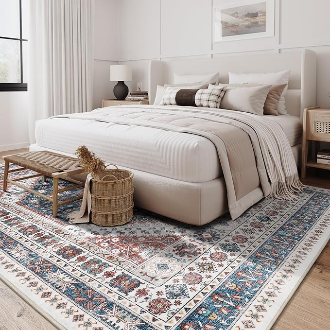 zesthome 6x9 Area Rug, Super Soft Washable Rugs for Living Room, Non-Slip Stain Resistant Vintage Rugs, Ultra-Thin Large Area Rugs (Navy Blue/Red,6'x9')
