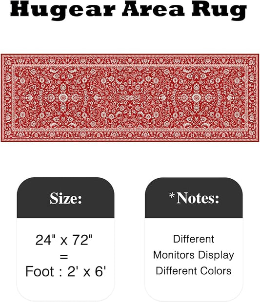 HUGEAR Christmas 2x6 Runner Rug Machine Washable Red Hallway Area Rugs Indoor Accent Rugs Floral Low Pile Carpet Distressed Throw Rug Bedroom Living Room Office Dining Kitchen Laundry Non Slip