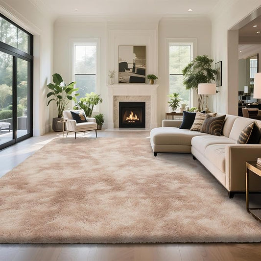 Fluffy Rug Shaggy Area Rug, Mottling Beige 9x12 Area Rugs for Living Room, Large Shag Area Rugs for Bedroom Kids Room Home Decor, Upgrade Anti-Skid Rectangular Fuzzy Rugs