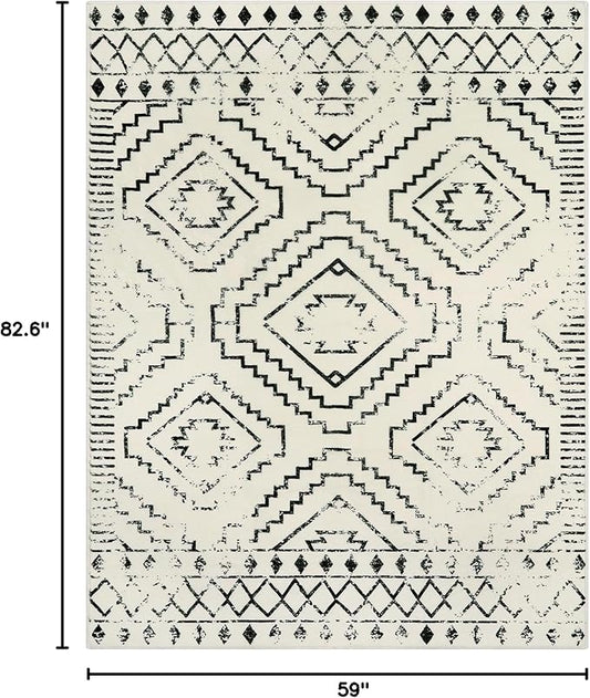 Wonnitar Moroccan Washable Rugs 5x7, Large White Tribal Area Rug for Living Room, Non-Shedding Soft Bedroom Accent Throw Mat, Geometric Floor Carpet for Dining Table Entry Office (Beige,5'x7')