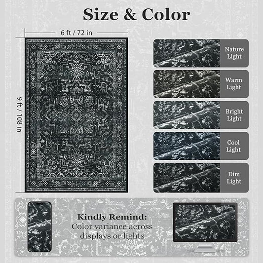 Distressed Black Rugs for Living Room 6x9, Low Pile Thin Area Rugs for Bedroom Manchine Washable Non Slip, Dark Medallion Pinted Carpet for Dining Room Guest Room Home Office