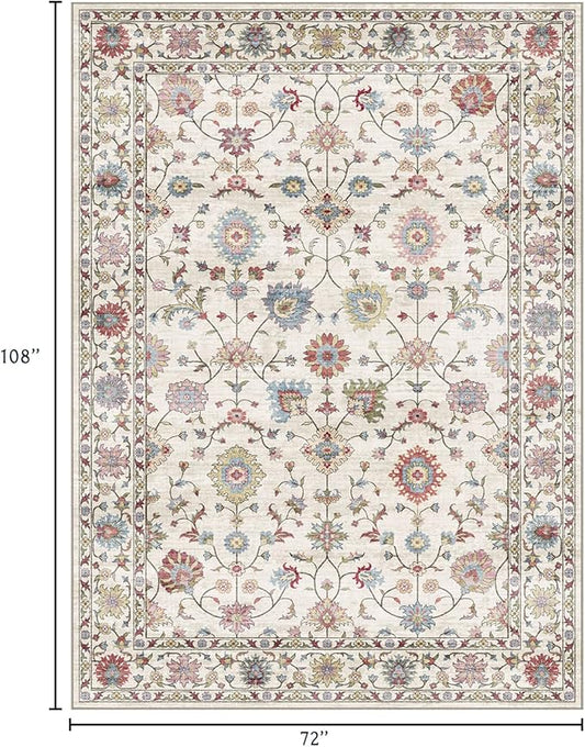 6x9 Area Rug for Living Room - Large Traditional Floral Washable Rugs for Bedroom Non-Slip Colorful Boho Dining Room Rug Low-Pile Cream Farmhouse Carpet Soft Vinatge Bohemian Foyer Rug