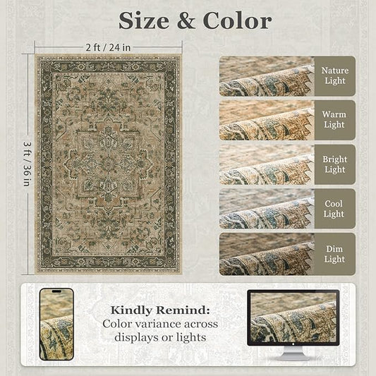 Vintage Distressed 2x3 Kitchen Rugs Washable Non Slip, Moody Medallion Door Mat Indoor Entrance Entryway, Small Low Pile Rugs for Bedroom/Bathroom Vanity/Laundry Room, Multi Brown/Slate Green