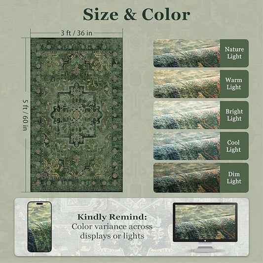 Dark Green Vintage Entryway Rug 3x5, Tranditional Medallion Distressed Throw Rug for Bedroom Bedside, Washable Non Slip Low Pile Small Area Rug for Living Room/Kitchen/Bathroom/Dorm/Closet