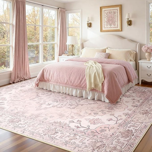Area Rugs 9'x12' Washable Non-Slip, Floral Vintage Distress Print Pattern Medallion Carpet for Living Room Bedroom Dining Room, Pink Greypink Cute