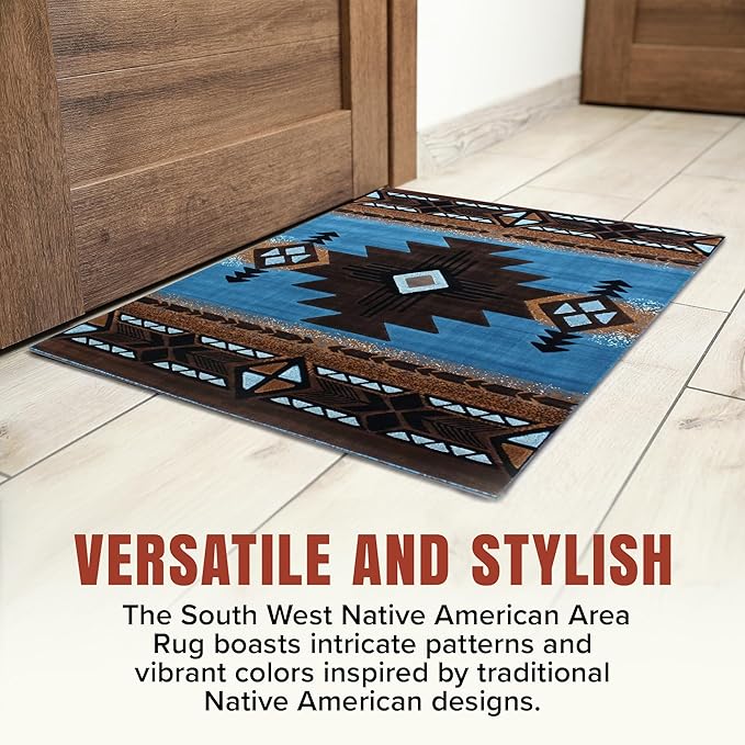 YHSF South West Native American Area Rug C318 - Easy Clean, Thick, Soft, Durable Native Tribal American Indian Inspired Rug for Bedroom/Living Room and More - Blue-Brown, 2 Feet x 7 Feet