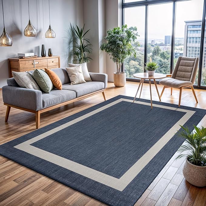 CAMILSON Outdoor Rug 5x7, Modern Outside Rugs for Patios Porches Waterproof Durable Washable Non-Shedding, Easy-to-Clean Indoor Outdoor Area Carpet (5 x 7, Bordered - Blue/White)