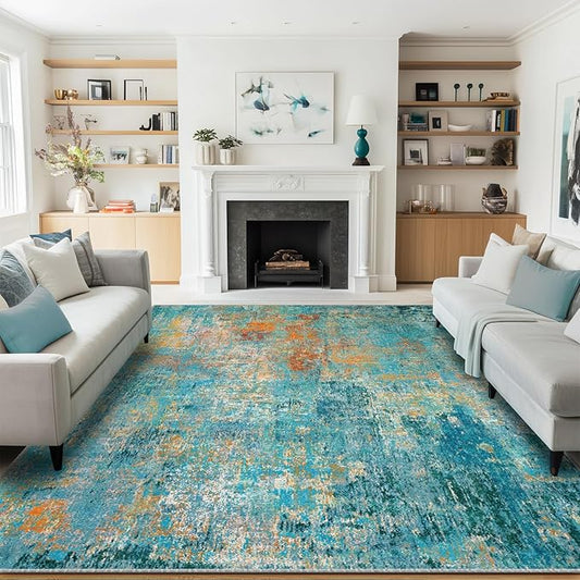 Washable Area Rugs 5'x7' Non-Slip Modern Abstract Soft for Living Room Entryway Bedroom Nursery, Print Pattern, Teal Blue Green Orange Rust Red Coloreful